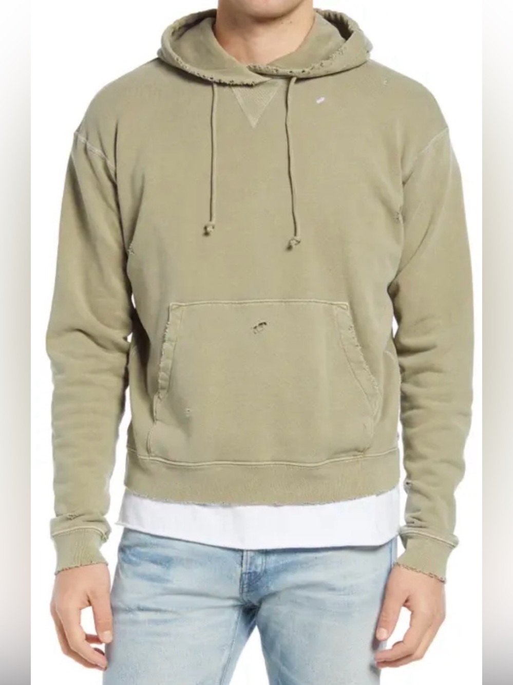 John Elliott Olive Distressed Pullover Hoodie
